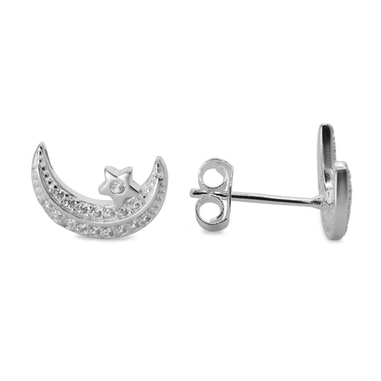 Aros de Plata 925 Diseño Media Luna con Estrella y Circones