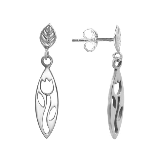 Aros de Plata 925 Diseño Pequeña Hoja con Placa de Tulipán