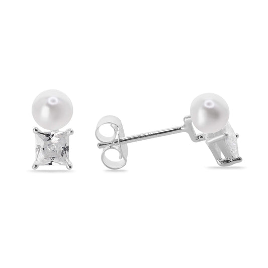 Aros de Plata - Perla y Circón Cuadrado