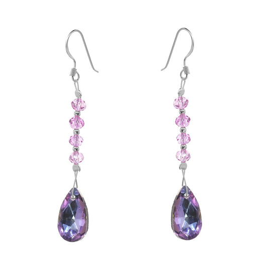 Aros de Plata 925 Diseño Serie de Cristales Rosa con Colgante Gota Tornasol