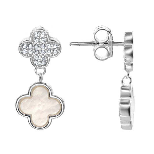 Aros de Plata 925 Diseño Trébol con Circones y Placa de Nácar