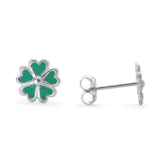 Aros de Plata 925 Diseño Trébol Esmaltado en Verde