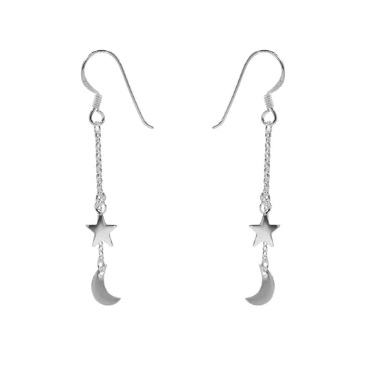 Aros de Plata 925 Doble Cadena con Luna y Estrella