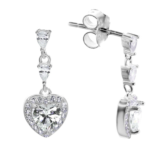 Aros de Plata 925 Doble Gota con Dije Diseño Corazón de Circón