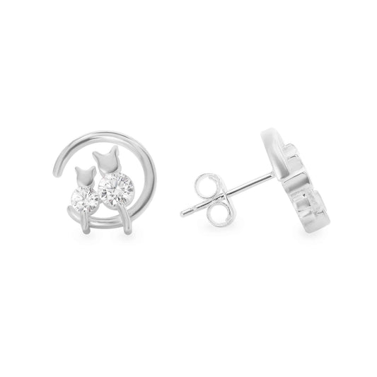Aros de Plata 925 Dos Gatos de Circón en Media Luna