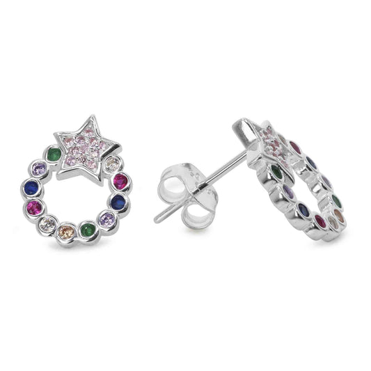 Aros de Plata 925 Estilo Argolla Circones de Colores y Estrella de Circones