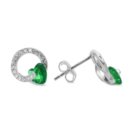 Aros de Plata 925 Estilo Argolla con Circón Verde de Corazón y Pequeños Circones