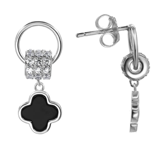 Aros de Plata 925 Estilo Argolla con Rueda de Circones y Trébol Negro
