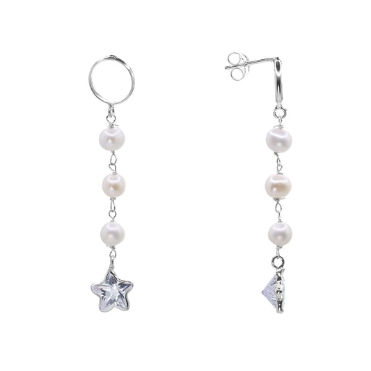 Aros de Plata 925 Estilo Argolla con Serie de Perlas y Estrella de Circón