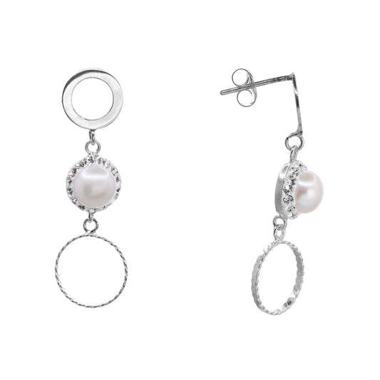 Aros de Plata 925 Estilo Argolla con Strass y Perla
