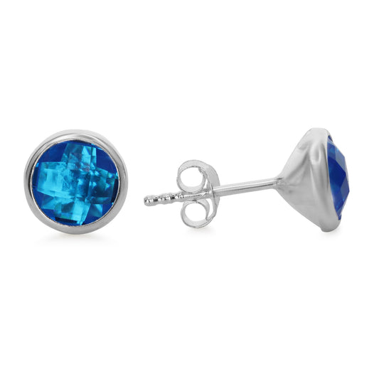 Aros de Plata 925 Estilo Botón con Circón Celeste Profundo 8 mm
