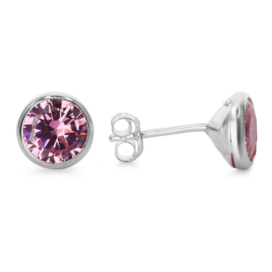 Aros de Plata 925 Estilo Botón con Circón Rosa 8 mm