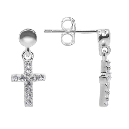 Aros de Plata 925 Estilo Botón con Colgante Cruz de Circones