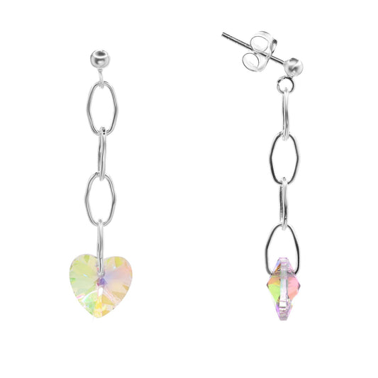 Aros de Plata 925 Estilo Cadena con Corazones con Cristal Tornasol