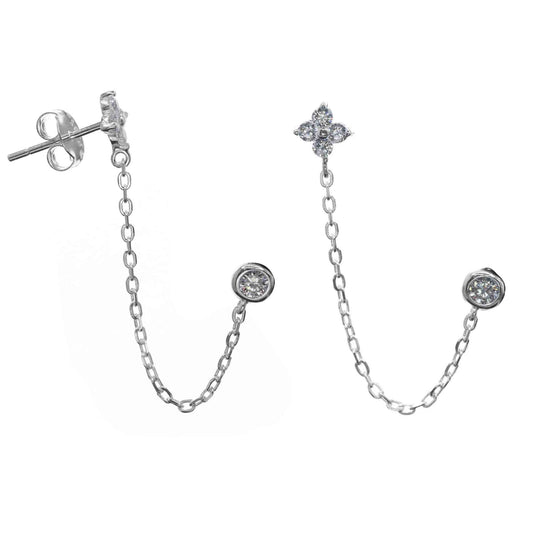 Aros de Plata 925 Estilo Cadena con Flor y Punto de Circón