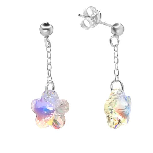 Aros de Plata 925 Estilo Cadena con Flores de Cristal Tornasol