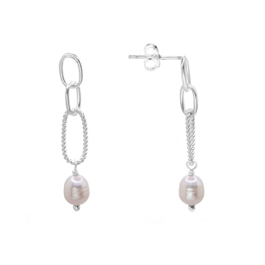 Aros de Plata 925 Estilo Cadena con Perlas de Río