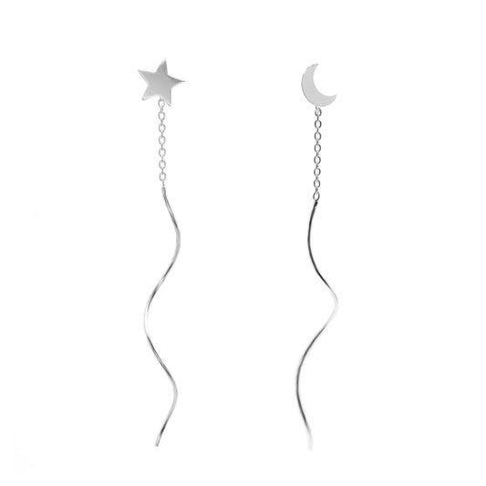 Aros de Plata 925 Estilo Cadena Espiral con Luna y Estrella