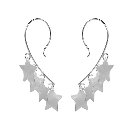 Aros de Plata 925 Estilo Cascada con Estrellas Satinadas
