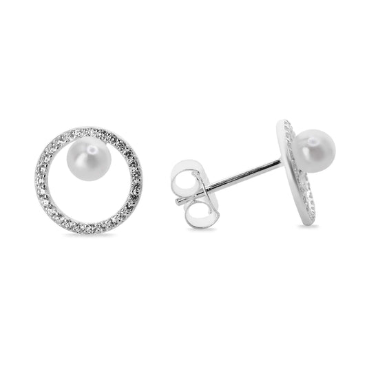 Aros de Plata 925 Estilo Círculo con Micro Circones y Pequeña Perla Imitación