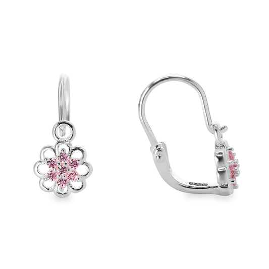 Aros de Plata 925 Estilo Gancho con Flor Circones Rosa