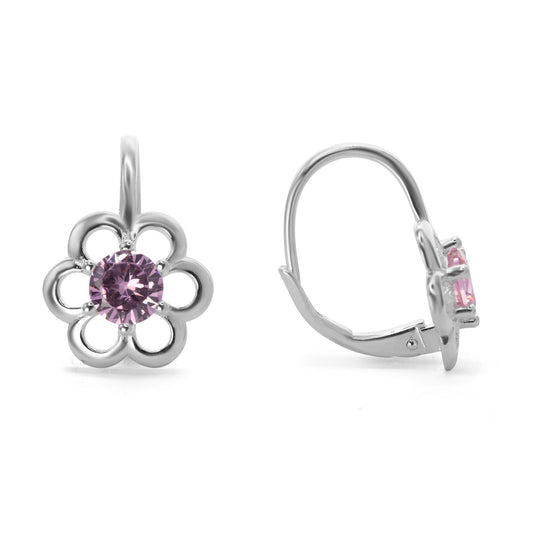 Aros de Plata 925 Estilo Gancho Diseño Flor con Circón Rosa