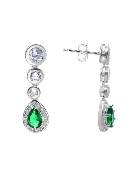 Aros de Plata 925 Estilo Hilera con Circones y Diseño Gota con Circón Verde