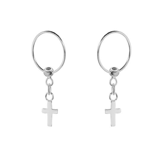 Aros de Plata 925 Estilo Piercing con Colgante de Cruz
