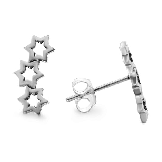 Aros de Plata 925 Estilo Trepador con Diseño Triple Estrella Calada