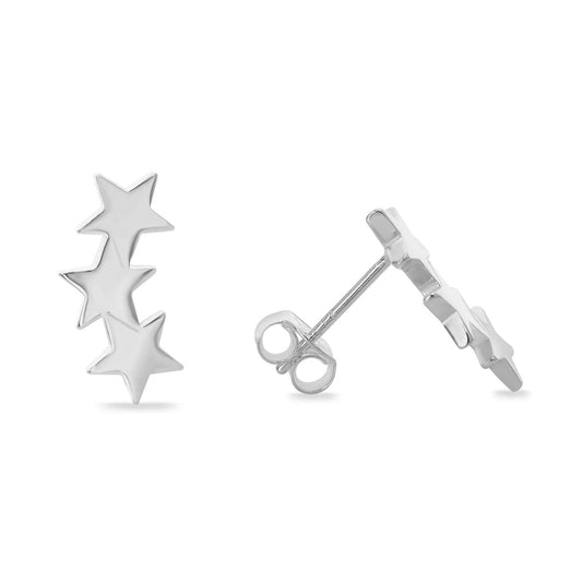 Aros de Plata 925 Estilo Trepador Triple Estrellas Lisas