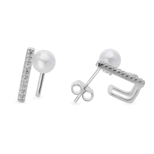Aros de Plata 925 Estilo Varita con Circones y Perla