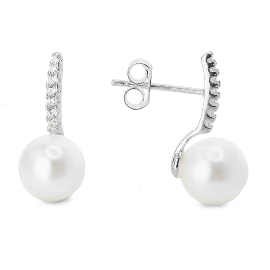 Aros de Plata 925 Estilo Varita de Circones con Perlas de Imitación