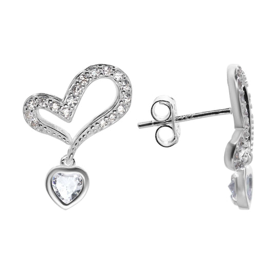 Aros de Plata 925 Figura Corazón con Circones y Pequeño Dije de Corazón