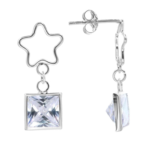 Aros de Plata 925 Figura Estrella con Gran Circón Cuadrado