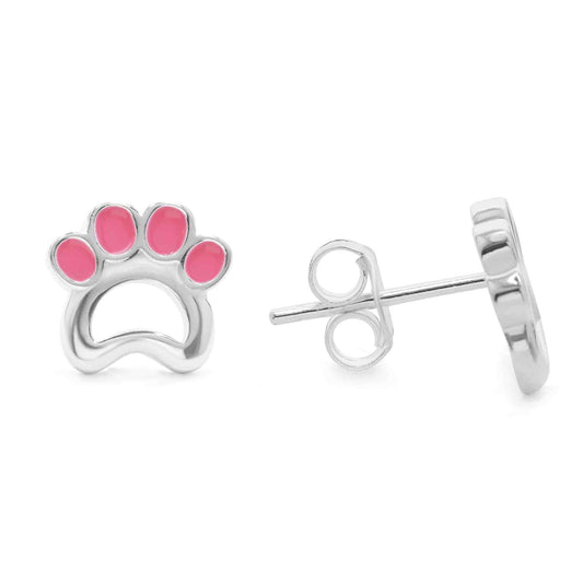 Aros de Plata Figura Huella Esmaltado Rosa