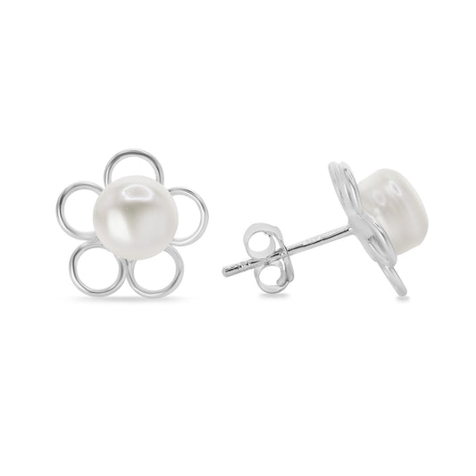 Aros de Plata Figuras de Flor Mediana con Perla