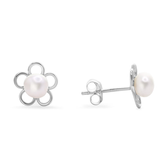 Aros de Plata Figuras de Flor Pequeña con Perla