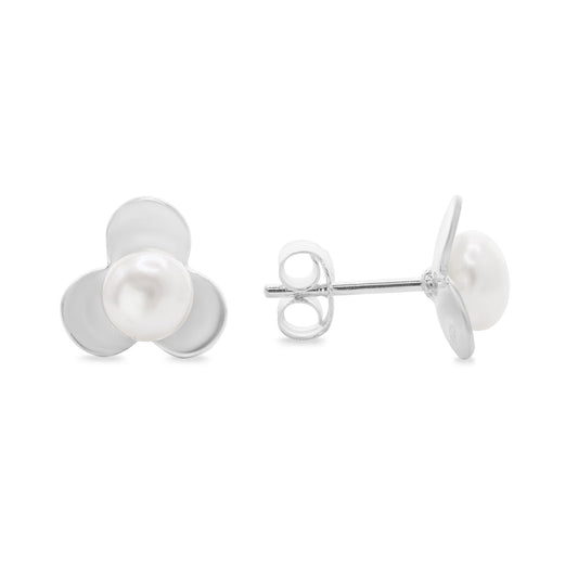 Aros de Plata 925 Flor de Tres Pétalos con Perla