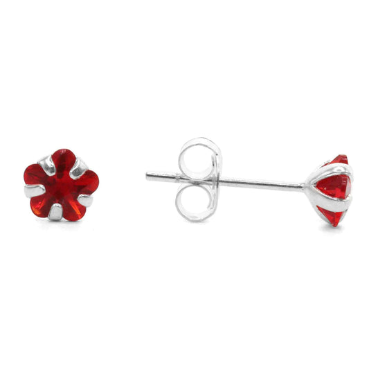 Aros de Plata 925 Flores Circón Rojo 5 mm