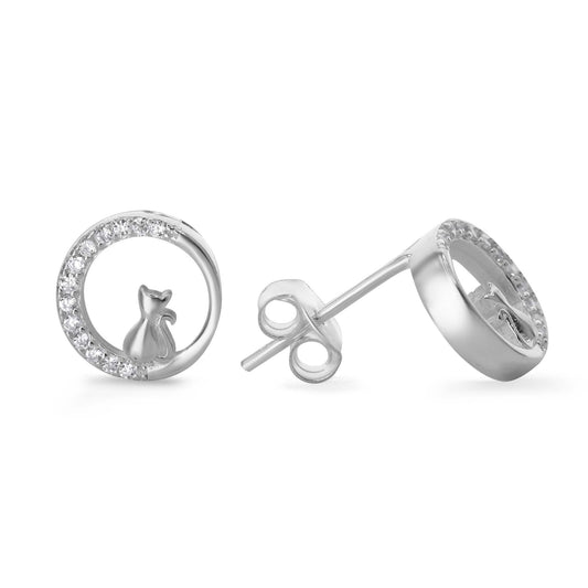 Aros de Plata 925 Luna de Circones con Gato y Aplicación de Nácar