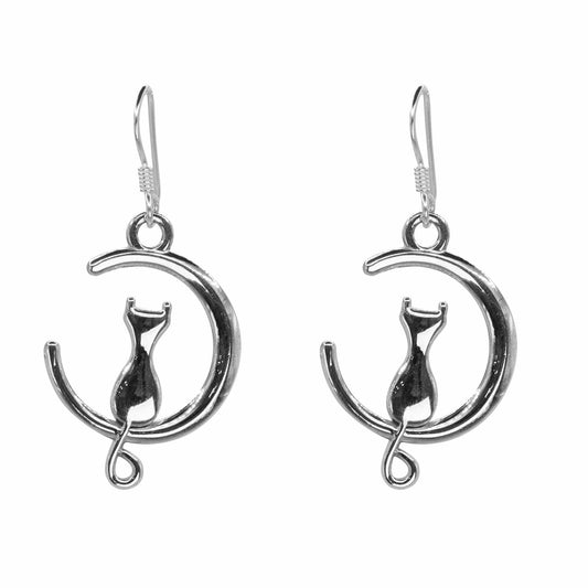 Aros de Plata 925 Luna y Silueta de Gato