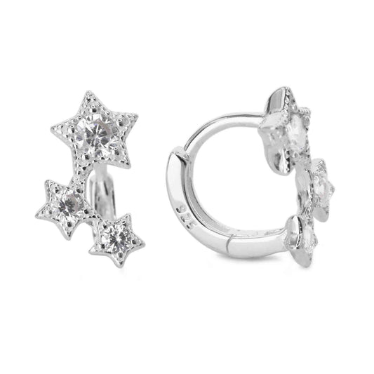 Aros de Plata 925 Mini Argolla con Triple Estrellas de Circones