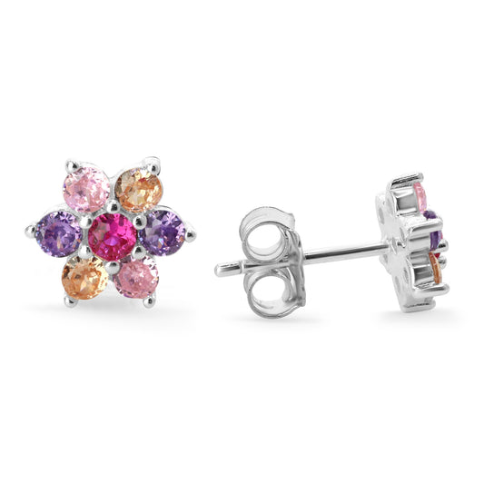 Aros de Plata 925 Modelo Flores con Circones de Colores