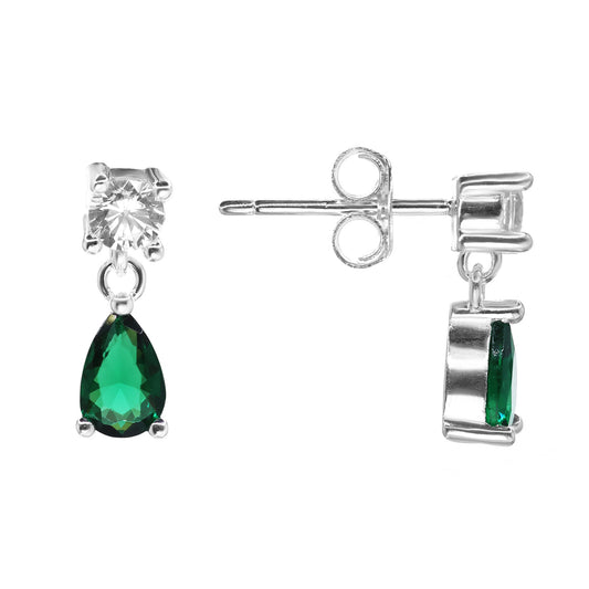 Aros de Plata 925 Modelo Gota con Circón Color Esmeralda