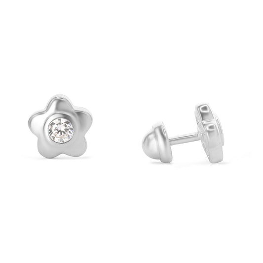 Aros de Plata Para Bebé de Tope - Flor con Circón