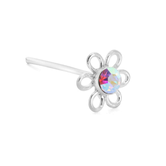 Aros de Plata Piercing Flor Abierta Circón Tornasol (Nariz)