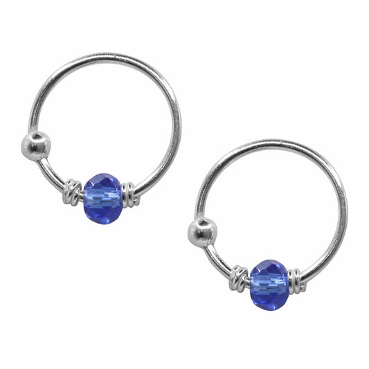 Aros de Plata Piercing Liso Esferas y Cristal Azul 10 mm