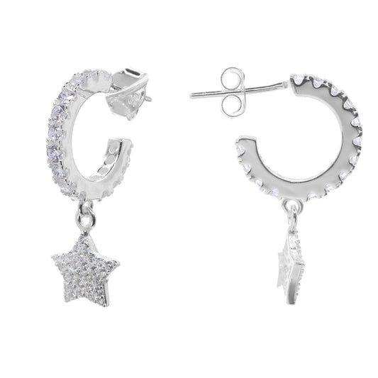Aros de Plata Semi Argolla con Estrella y Circones