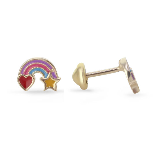 Aros Enchapado en Oro  Arcoíris  Esmaltado Rosa con Corazón y Estrella con Tope