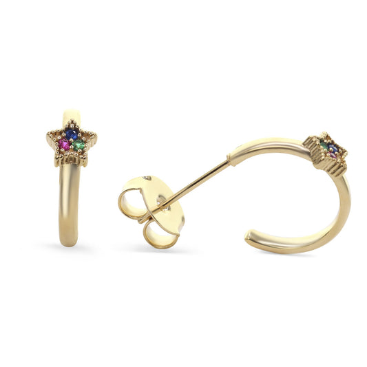 Aros Enchapado en Oro Mini Argollas con Pequeña Estrella con Aplicación de Circones de Colores